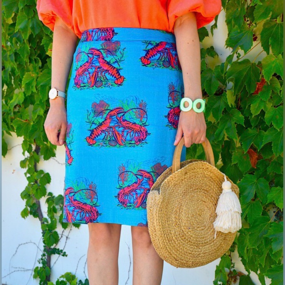 J. Crew Turquoise Blue Pencil Skirt with Coral Lobster Print